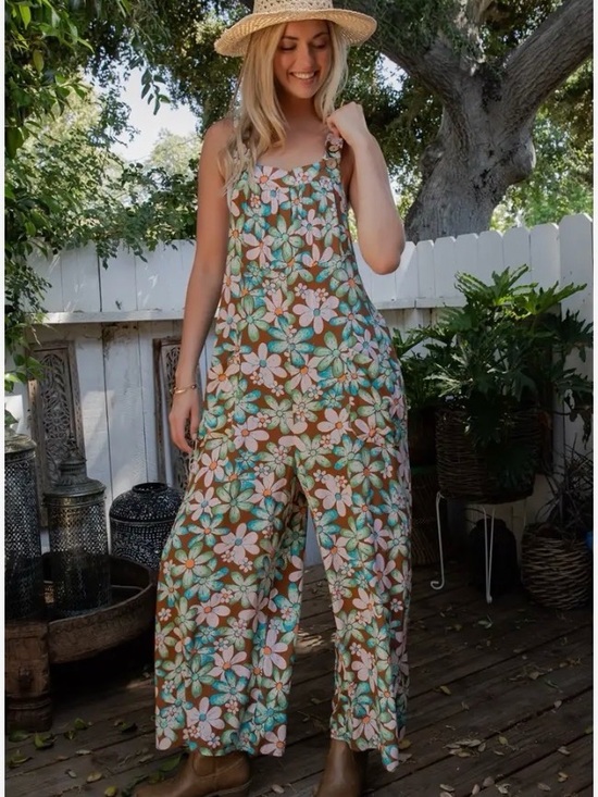 Sage + Fig Pants - Sage + Fig Retro 70s Floral Wide Leg Overalls Jumpsuit Boho